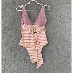Women's Striped Monokini Deep V Neck O Ring Belt Open Back Swimwear Size Small